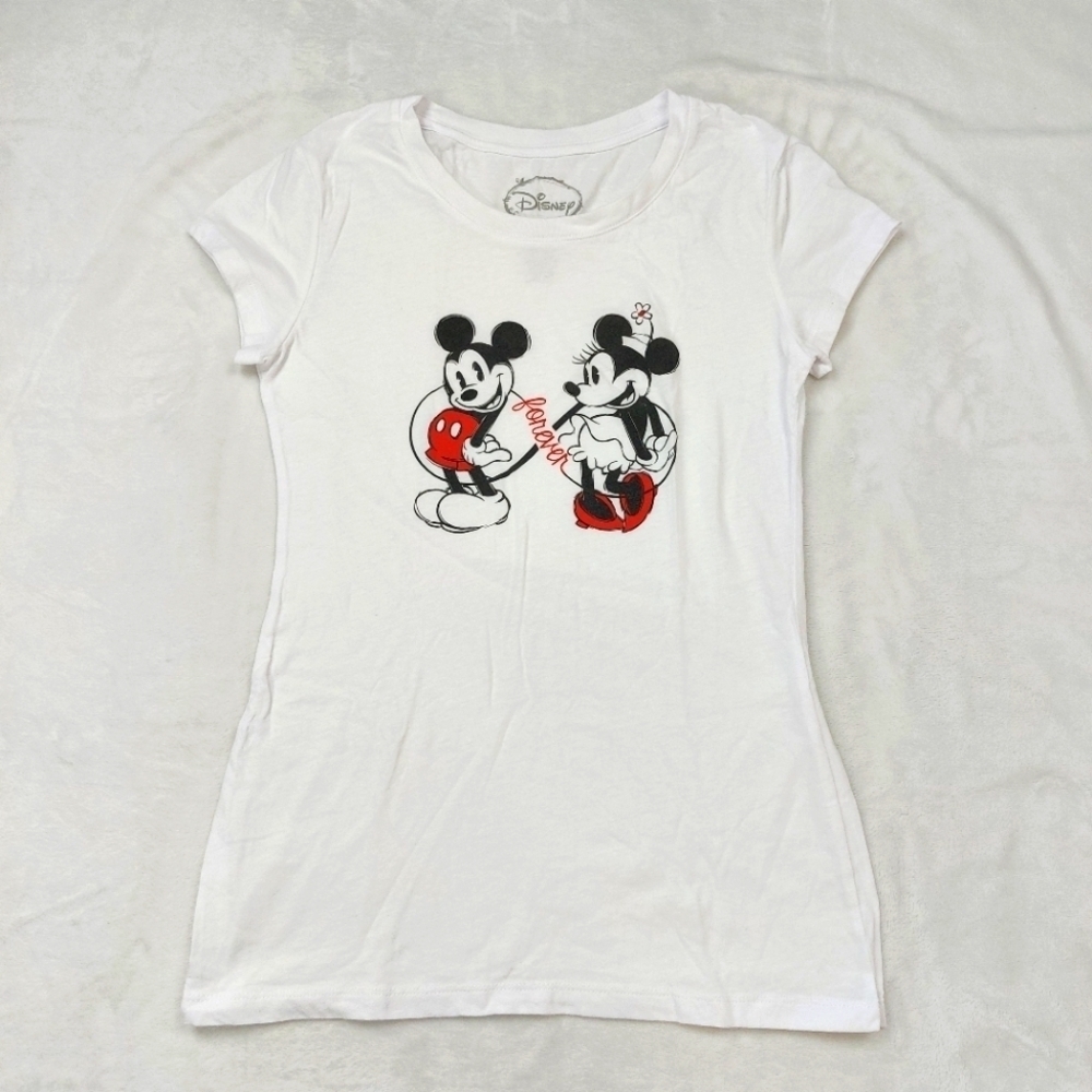 DISNEY WOMEN'S WHITE MICKEY AND MINNIE MOUSE FOREVER T-SHIRT SIZE MEDIUM